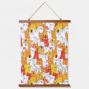 Funny Cartoon Cats Group Doodle Wandteppich Mit Holzrahmen