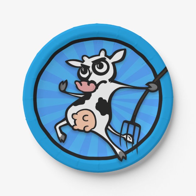 FUNNY CARTOON COW MIT PITCH FORK PAPIERPLATTE PAPPTELLER (Vorderseite)