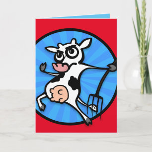 FUNNY CARTOON COW MIT PITCHFORK GREETCARD KARTE