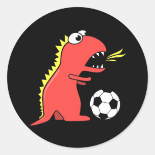 Funny Cartoon Dinosaur Playing Soccer Black Runder Aufkleber
