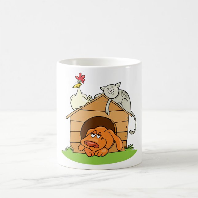 Funny Cartoon Dog Cat and Chicken on Doghouse Kaffeetasse (Von Creator hochgeladen)