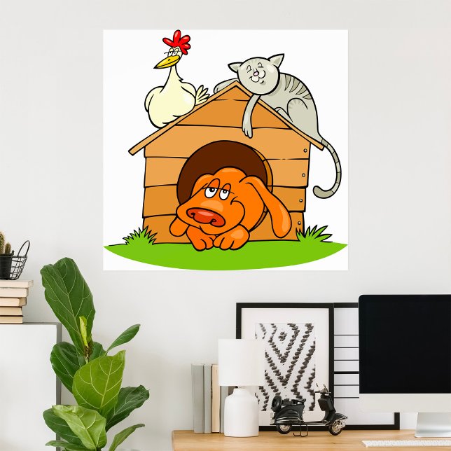 Funny Cartoon Dog Cat and Chicken on Doghouse Poster (Von Creator hochgeladen)