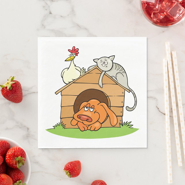 Funny Cartoon Dog Cat and Chicken on Doghouse Serviette (Von Creator hochgeladen)