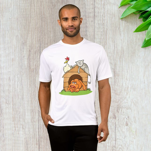 Funny Cartoon Dog Cat and Chicken on Doghouse T-Shirt (Von Creator hochgeladen)