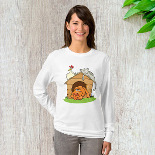 Funny Cartoon Dog Cat and Chicken on Doghouse T-Shirt