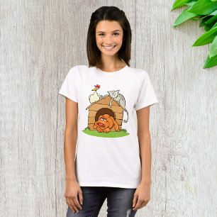 Funny Cartoon Dog Cat and Chicken on Doghouse T-Shirt