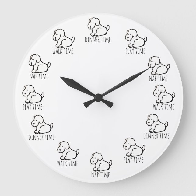 Funny Cartoon Dog Dinner Play Walk Nap Time Clock Große Wanduhr (Vorderseite)