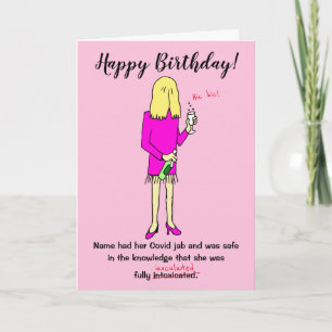 Funny Cartoon Frau Drinking Covid Jab Geburtstag Karte