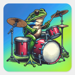 Funny Cartoon Frog spielt Trommeln Quadratischer Aufkleber