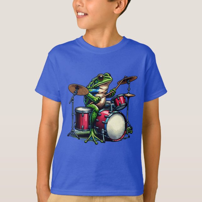 Funny Cartoon Frog spielt Trommeln T-Shirt (Vorderseite)