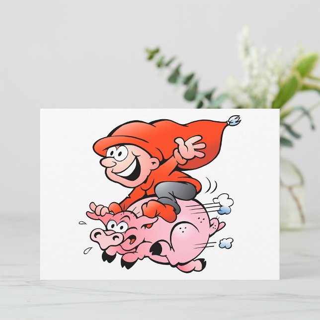 Funny Cartoon Gnome Riding Flying Pig Einladung (Von Creator hochgeladen)
