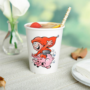 Funny Cartoon Gnome Riding Flying Pig Pappbecher