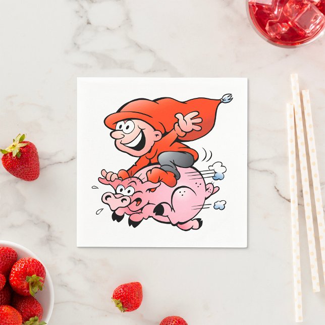 Funny Cartoon Gnome Riding Flying Pig Serviette (Von Creator hochgeladen)