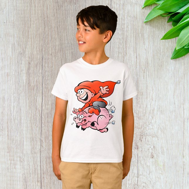 Funny Cartoon Gnome Riding Flying Pig T-Shirt (Von Creator hochgeladen)