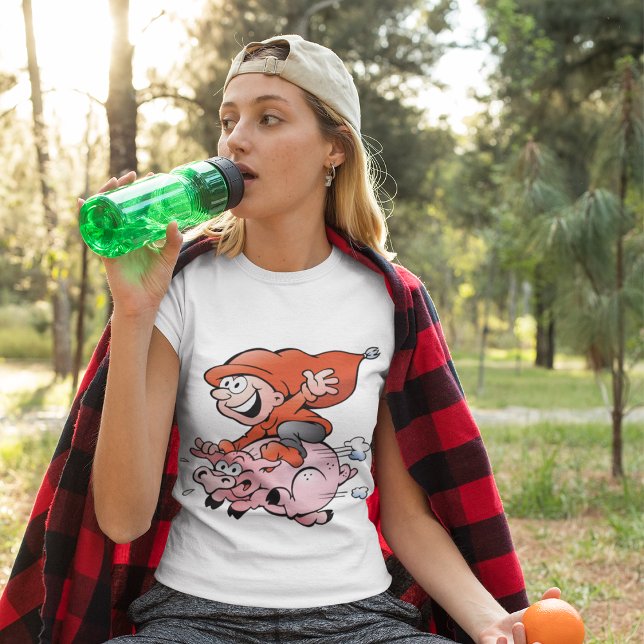 Funny Cartoon Gnome Riding Flying Pig T-Shirt (Von Creator hochgeladen)
