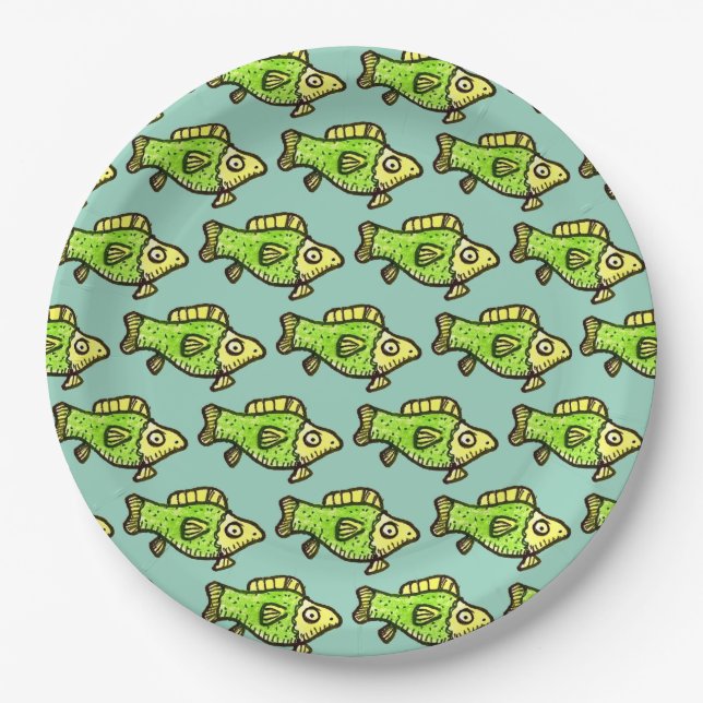 Funny Cartoon Green Fish Drawing Pappteller (Vorderseite)