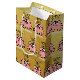Funny Cartoon Happy Pig Jahr 2019 Gold M Geschenk  Mittlere Geschenktüte