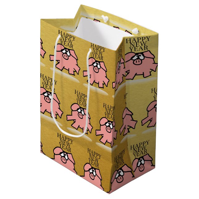 Funny Cartoon Happy Pig Jahr 2019 Gold M Geschenk  Mittlere Geschenktüte (Vorderseite Schrägansicht)