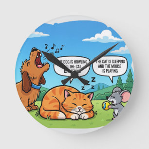 Funny Cartoon Hund, Katze und Maus Runde Wanduhr