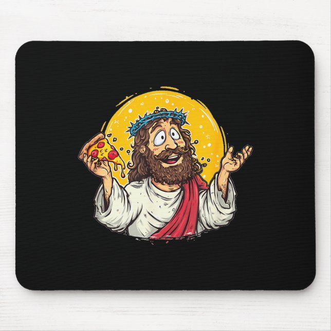 Funny Cartoon Jesus Christ With Pizza Slice Costum Mousepad (Vorne)