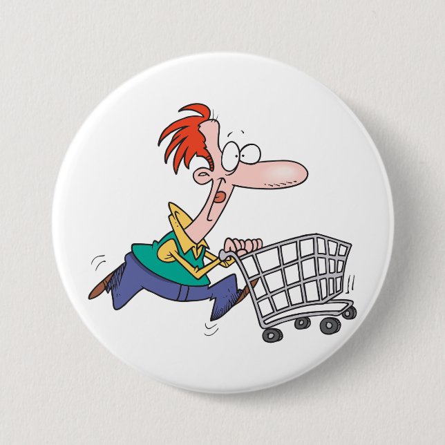 Funny Cartoon Man Running With Shopping Cart Button (Vorderseite)