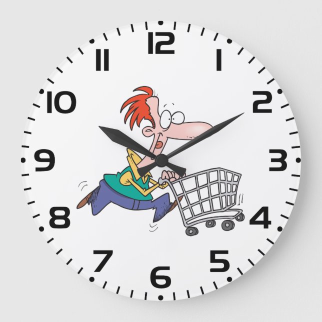 Funny Cartoon Man Running With Shopping Cart Große Wanduhr (Vorderseite)