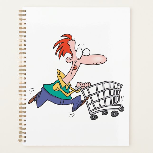 Funny Cartoon Man Running With Shopping Cart Planer (Vorderseite)