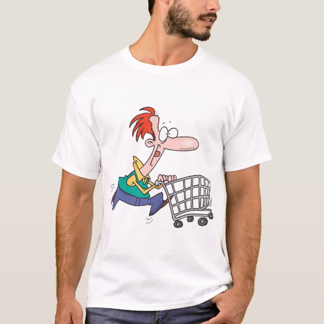 Funny Cartoon Man Running With Shopping Cart T-Shirt (Vorderseite)