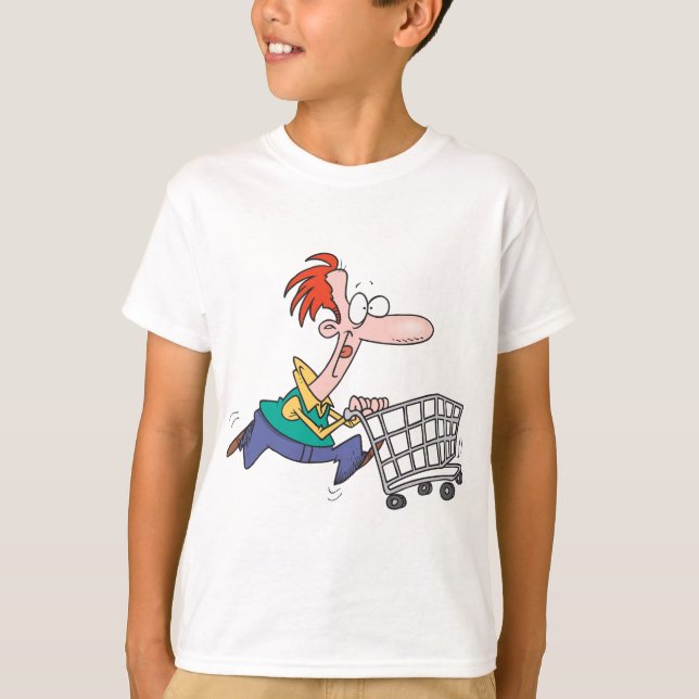 Funny Cartoon Man Running With Shopping Cart T-Shirt (Vorderseite)