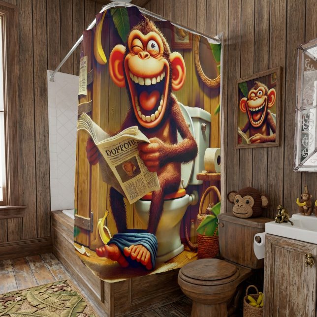 Funny Cartoon Monkey auf der Toilette Duschvorhang (Von Creator hochgeladen)