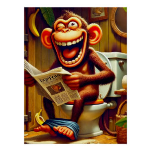 Funny Cartoon Monkey auf der Toilette Poster