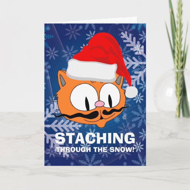 Funny Cartoon Mustache Cat Christmas Karte (Vorderseite)