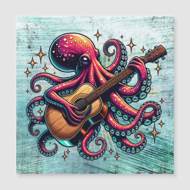 Funny Cartoon Octopus Gitarre spielen Magnetkarte (Vorderseite)