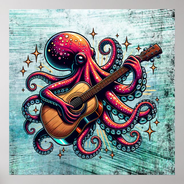 Funny Cartoon Octopus Gitarre spielen Poster (Vorne)