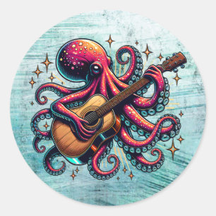 Funny Cartoon Octopus Gitarre spielen Runder Aufkleber