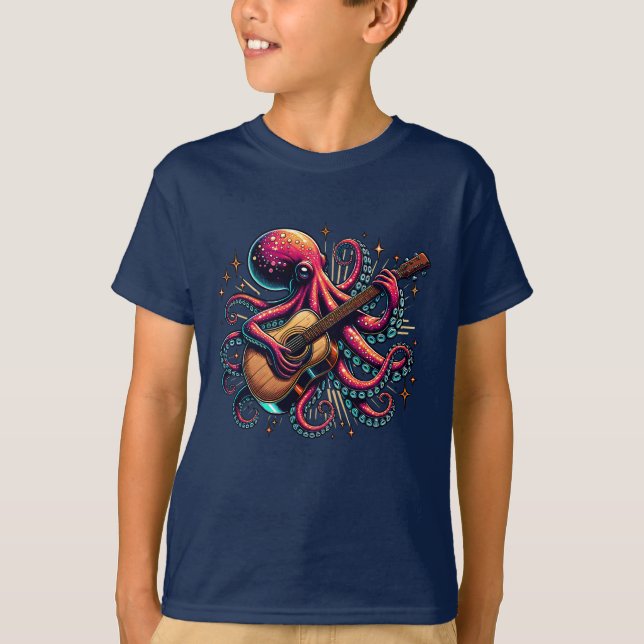 Funny Cartoon Octopus Gitarre spielen T-Shirt (Vorderseite)