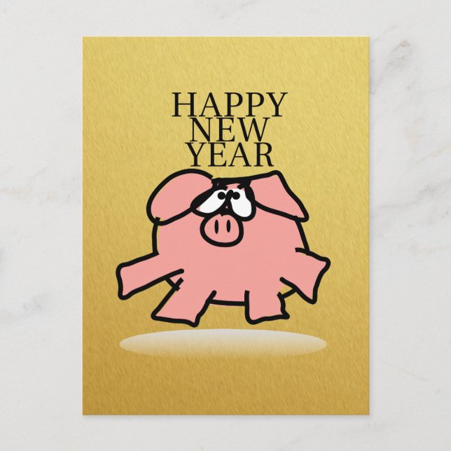 Funny Cartoon Pig Jahr Golden G Postkarte (Vorderseite)