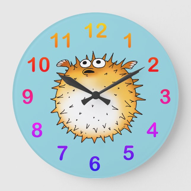 Funny Cartoon Puffer Fish Design Große Wanduhr (Vorderseite)