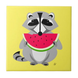 Funny Cartoon Raccoon Eating Watermelone Fliese
