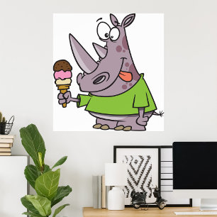 Funny Cartoon Rhino Eating Ice Süße Tier Poster