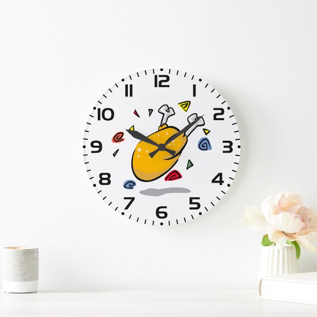 Funny Cartoon Roast Chicken Falling Große Wanduhr (Von Creator hochgeladen)