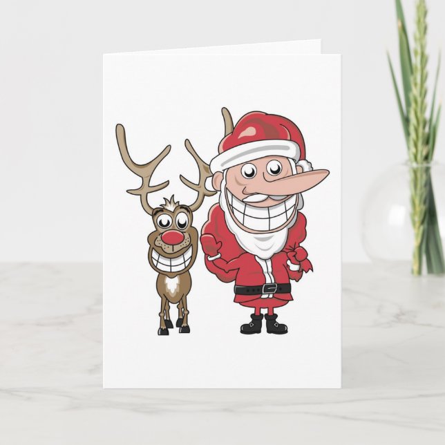 Funny Cartoon Santa und Rudolph Feiertagskarte (Vorderseite)