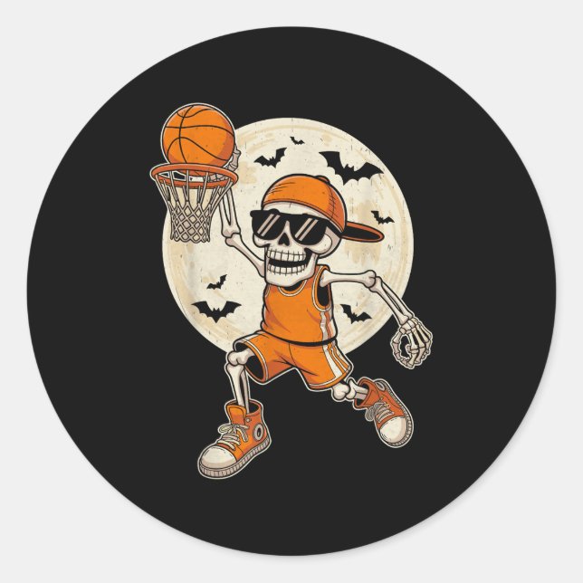Funny Cartoon Skeleton Basketball Halloween Spiele Runder Aufkleber (Vorderseite)