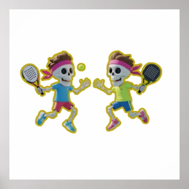 Funny Cartoon Skeletons Playing Padel Tennis – 3D  Poster (Vorne)