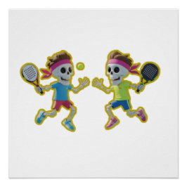Funny Cartoon Skeletons Playing Padel Tennis – 3D  Poster