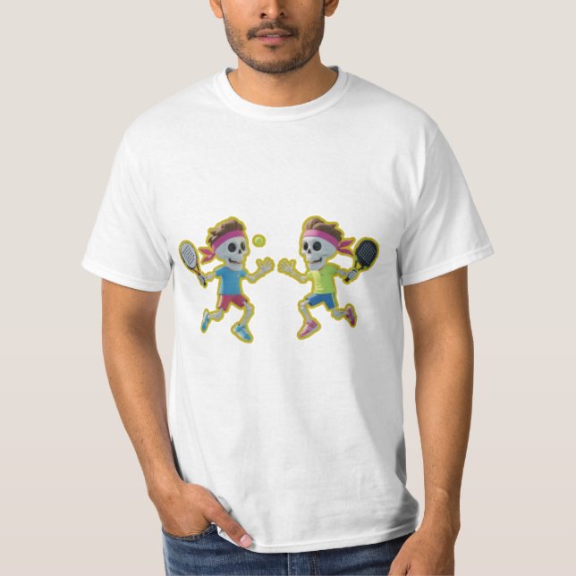 Funny Cartoon Skeletons Playing Padel Tennis – 3D  T-Shirt (Vorderseite)