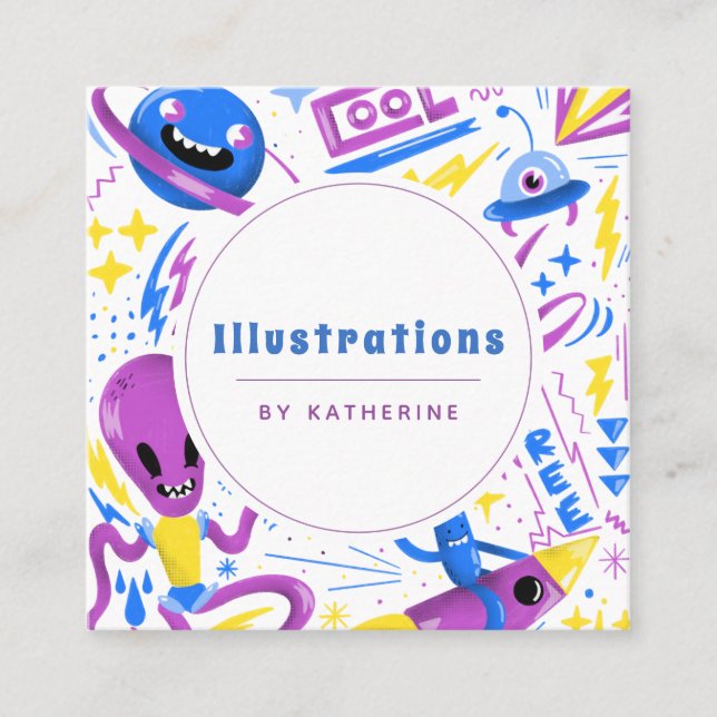 Funny Cartoon Style Illustration Graphic Designer Quadratische Visitenkarte (Vorderseite)