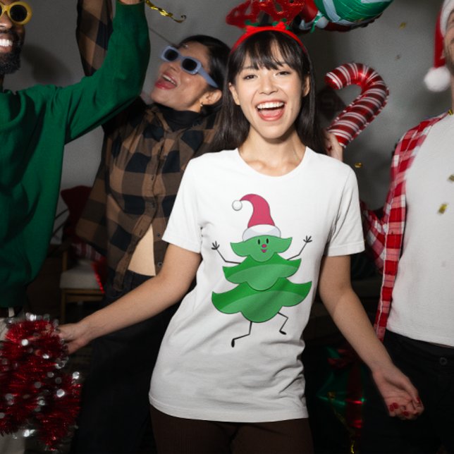 Funny Cartoon Weihnachtsbaum, Weihnachtsmannmütze  T-Shirt (Funny Cartoon Christmas Tree, Santa Hat and Face T-Shirt)