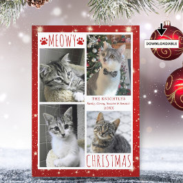 Funny Cat 4 Foto Collage MEOWY CHRISTMAS Red Feiertagskarte