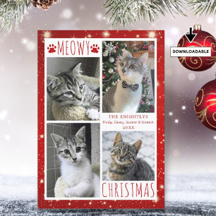 Funny Cat 4 Foto Collage MEOWY CHRISTMAS Red Feiertagskarte